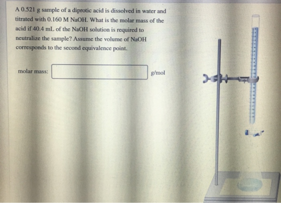 A 0.521 g sample of a diprotic acid is dissolved in water and titrated with 0.160 M NaOH. What is the molar mass of the acid