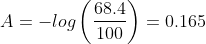 A=-log \left ( \frac{68.4}{100} \right )=0.165