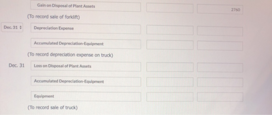 Gain on Disposal of Plant Assets 2760 (To record sale of forklift) Dec. 31 Depreciation Expense Accumulated Depreciation-Equi