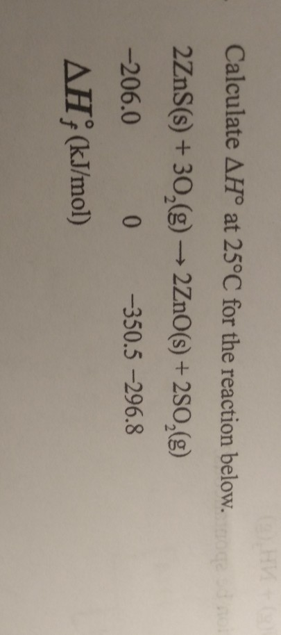 Calculate AH° at 25°C for the reaction below.oceano 2ZnS() + 30,(g) +2ZnO(s) + 250,() -206.0 0 -350.5 –296.8 AH; (kJ/mol)