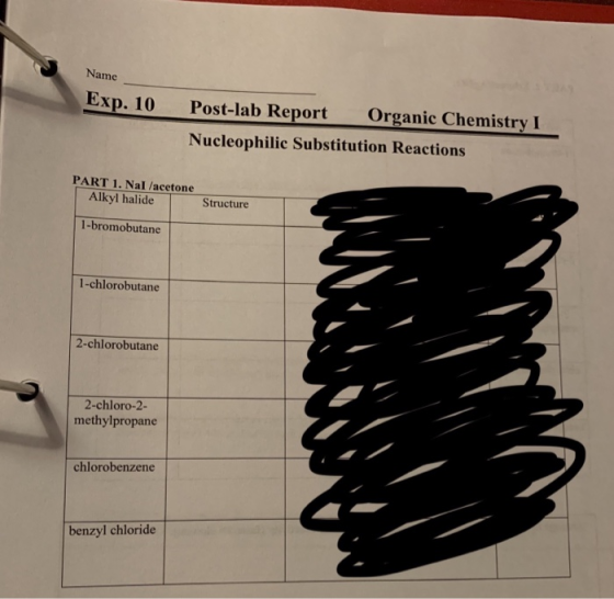 Name Exp. 10 Post-lab Report Organic Chemistry I Nucleophilic Substitution Reactions PART 1.Nal /acetone Alkyl halide Structure 1-bromobutane 1-chlorobutane 2-chlorobutane 2-chloro-2- methylpropane chlorobenzene benzyl chloride