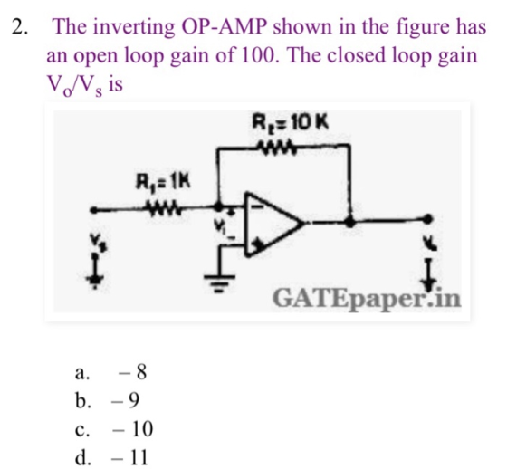 2. The inverting OP-AMP shown in the figure has an open loop gain of 100. The closed loop gain VVs is R 10K R 1K GATEpaper.in a.8 b.-9 c.10