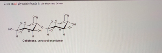 Click on all glycosidic bonds in the structure below он онн O H H OH OH HO H OH но H HO H H H H Cellobiose, unnatural enantio