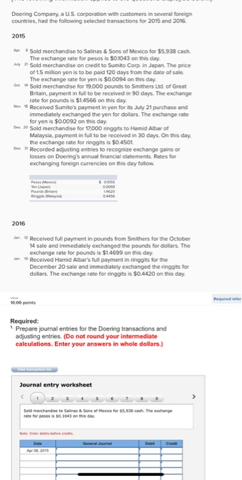 Doering Company, a U.S. corporation with customers in several foreign countries, had the following selected transactions for
