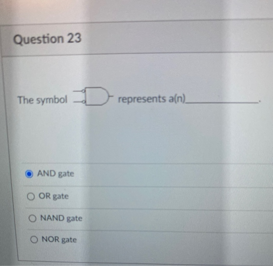 Question 23 The symbol represents a[n). AND gate OR gate O NAND gate O NOR gate