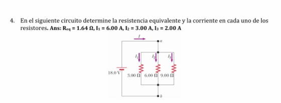 En el siguiente circuito determine la resistencia equivalente y la corriente en cada uno de los resistores. Ans: Req-1.64 Ω, 11-6.00 A, 12-3.00 A, 132 2.00 A 4. 3.00 Ω 6.00 Ω 9.00