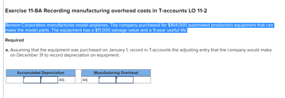 Exercise 11-8A Recording manufacturing overhead costs in T-accounts LO 11-2 Benson Corporation manufactures model airplanes.