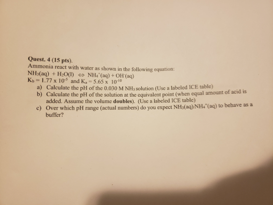 Quest. 4 (15 pts). Ammonia react with water as shown in the following equation: NH3(aq) + H2O(l) NH4+(aq) + OH(aq) Kb = 1.77