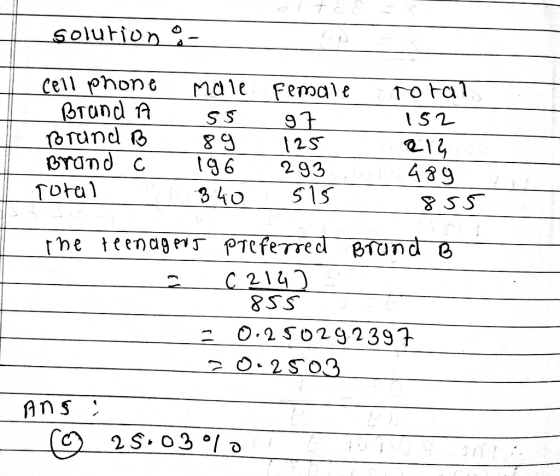 solution of Cell phone Brand A Porund B Brand C Total Male 55 89 196 340 Female 97 125 293 515 rotal 152 212 489 کک ع The tee