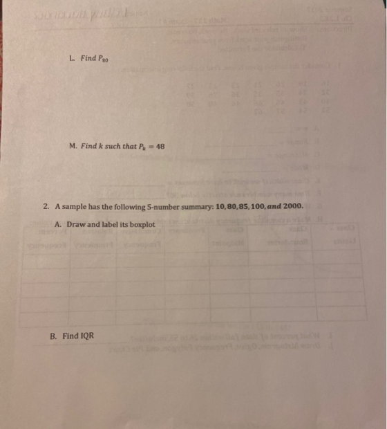L. Find P80 M. Find k such that P = 48 2. A sample has the following 5-number summary: 10,80,85, 100, and 2000. A. Draw and l