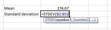 Mean Standard deviation 274.67 STDEV(B2:B52 STDEV(number1, (number2], ...)