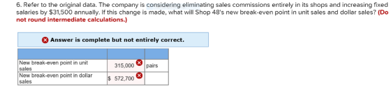 6. Refer to the original data. The company is considering eliminating sales commissions entirely in its shops and increasing fixed salaries by $31,500 annually. If this change is made, what will Shop 48s new break-even point in unit sales and dollar sales? (Do not round intermediate calculations.) Answer is complete but not entirely correct. New break-even point in unit sales 315,000pairs New break-even point in dollar sales $ 572,700
