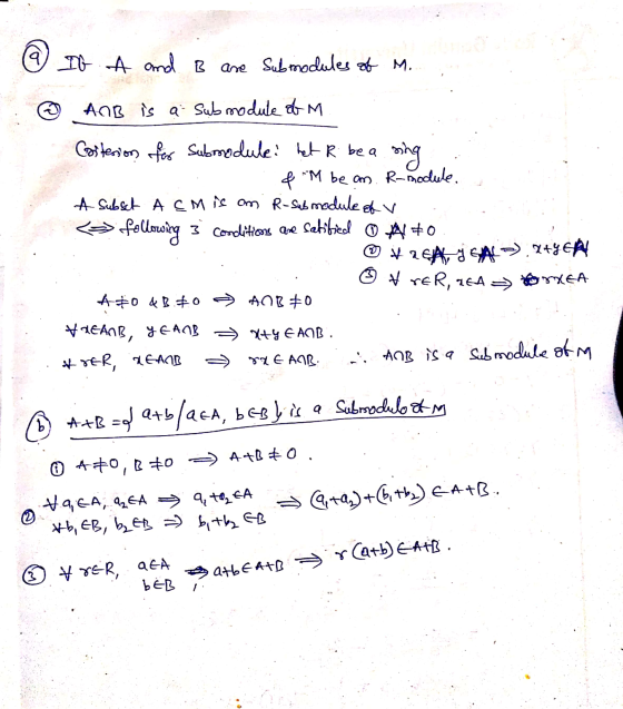 19 IG A and B are submodules of M. AOB is a sub module of M Costerion for Submodule: het R be a sing & M be an. R-module. A s