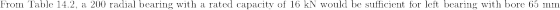 \textup{From Table 14.2, a 200 radial bearing with a rated capacity of 16 kN would be sufficient for left bearing with bore 65 mm}