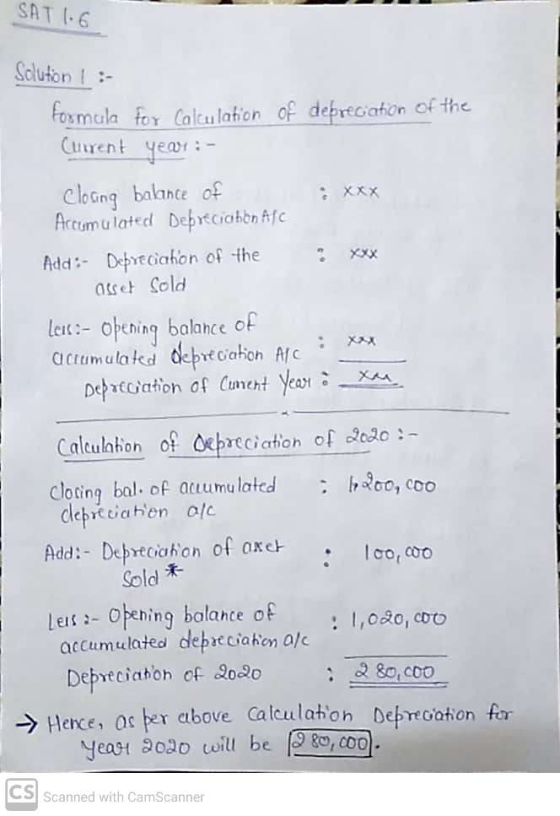 SAT 1.6 Solution : formula for Calculation of deprecation of the Current year: - • XXX cloang balance of Accumulated Debrecic
