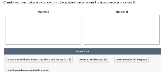 Classify each description as a characteristic of nondisjunction in meiosis I or nondisjunction in meiosis II. Meiosis I Meios