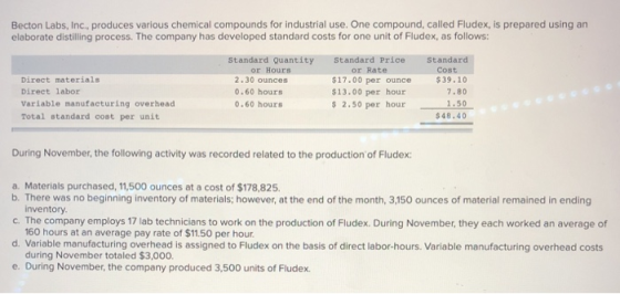 Becton Labs, Inc., produces various chemical compounds for industrial use. One compound, called Fludex, is prepared using an
