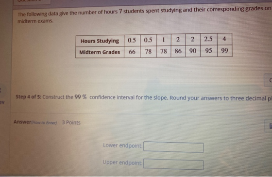 The following data give the number of hours 7 students spent studying and their corresponding grades on midterm exams. Hours