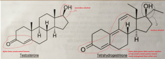 OH secondary alchal он tertiery alcohol HIH alpha beta unsaturated ketone - alpha beta gama delta epcilon epcilon Testosteron