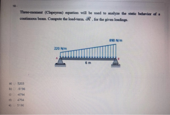 18 Three-moment (Clapeyron) equation will be used to analyze the static behavior of a continuous beam. Compute the load-term.