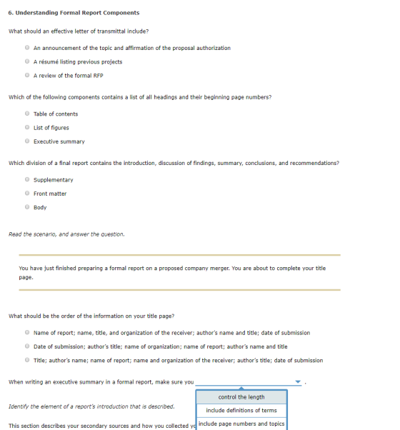 6. Understanding Formal Report Components What should an effective letter of transmittal include? O An announcement of the to