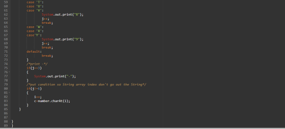 case T: case U: case V: System.out.print(8); j++; break; case W: case X: caseY: System.out.print(9); j++; bre