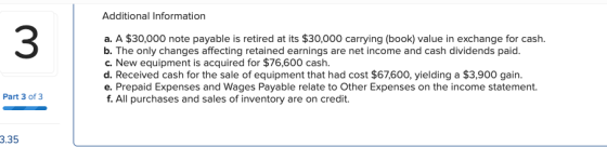 Additional Information a. A$30,000 note payable is retired at its $30,000 carrying (book) value in exchange for cash. b. The