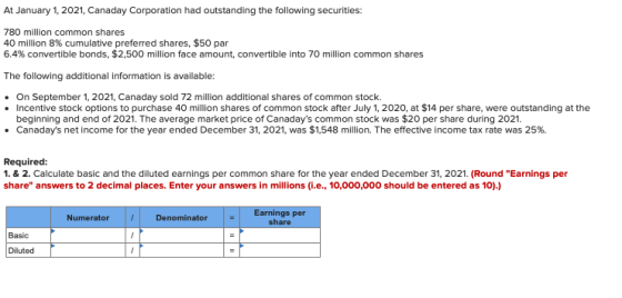 At January 1, 2021, Canaday Corporation had outstanding the following securities: 780 million common shares 40 million 8% cum