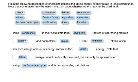 Fill in the following description of crystalline lattices and lattice energy as they relate to ionic compounds. Note that som