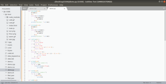 ~/Desktop/CODE/demo.py (CODE) - Sublime Text (UNREGISTERED), File Edit Selection Find View Goto Tools Project Preferences Hel