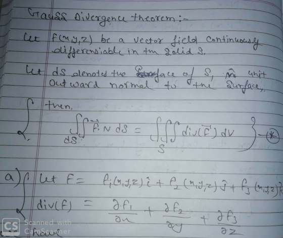 I brauss Divergence theorem: Cet f(ny, 2) be a vector field continuously differensiable in the Solids, het ds denotes the fou