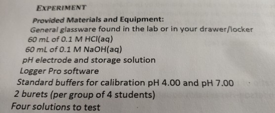 EXPERIMENT Provided Materials and Equipment: General glassware found in the lab or in your drawer/locker 60 mL of 0.1 M HCl(a