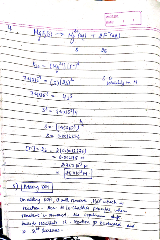 PACENO DATE: - Mg 1) - My Tag) + Of Cae) - s as 1 si sclubility in M Kse z Ing. ) - 3:4x17 = (39(2012 7:4X100 = 453 50 = 74X