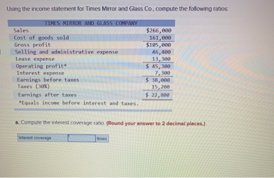 Using the income statement for Times Mirror and Glass Co., compute the following ratios: TIMES MIRROR AND GLASS COMPANY Sales