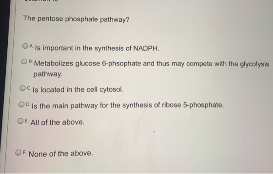 The pentose phosphate pathway? OA. Is important in the synthesis of NADPH. OB. Metabolizes glucose 6-phsophate and thus may c