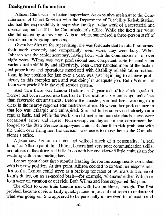 Background Information Allison Clark was a reluctant supervisor. As executive assistant to the Com- missioner of Client Servi