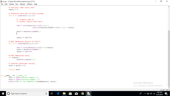 ch py- C/Users/Tarun/Documents/ch.py (8.7.2) File Edit Format Run Options Window Help # initialy take carry zero carry = 0 #