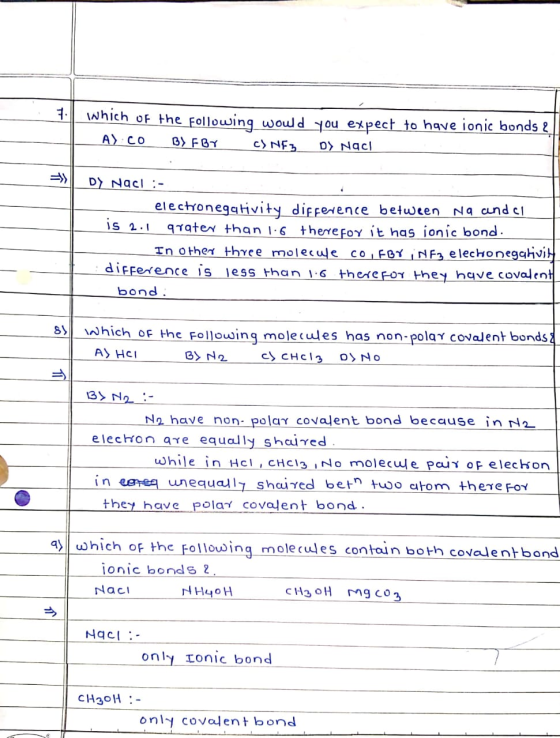 7| which of the following would you expect to have ionic bonds A) CO BY EBY c) NF3 DS Nach DY NaCl :- electronegativity diffe