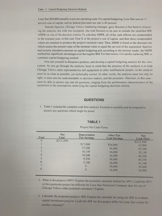 Case: Il Capital Budgeting Decision Methods Lone Star 560,000 annually in pre- tax operating costs. For capital budgeting. Lo
