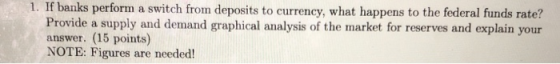 1. If banks perform a switch from deposits to currency, what happens to the federal funds rate? Provide a supply and demand g