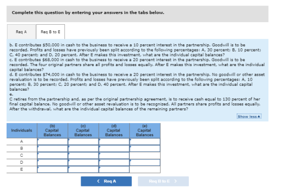 Complete this question by entering your answers in the tabs below. Req A Req B to E b. E contributes $50,000 in cash to the b