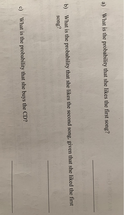 a) What is the probability that she likes the first song?! b) What is the probability that she likes the second song, given t