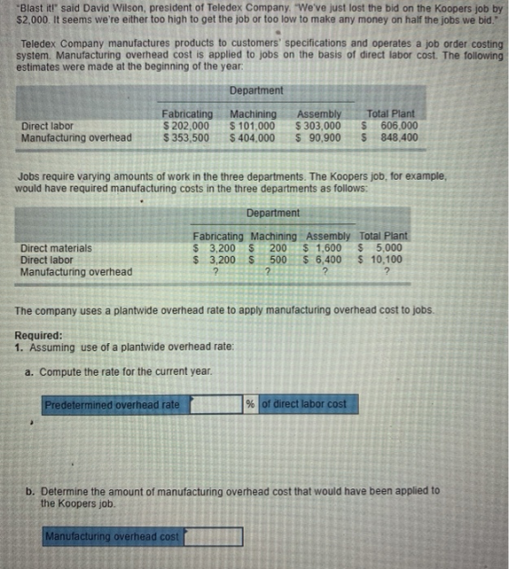 Blast it! said David Wilson, president of Teledex Company. Weve just lost the bid on the Koopers job by $2,000. It seems