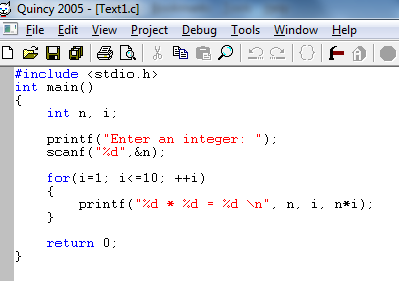 Quincy 2005- ITextlc] File Edit View Project Debug Tools Window Help #include <stdio.h> int main() int n. i printf ( Enter an