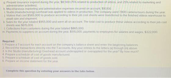 g. Prepaid insurance expired during the year, $8,500 (75% related to production of videos, and 25% related to marketing and a