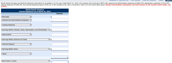 Nimi Rental Company provided the following information to auditors. For the year ended March 31, 2013, the company had revenu