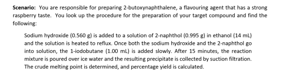 Scenario: You are responsible for preparing 2-butoxynaphthalene, a flavouring agent that has a strong raspberry taste. You lo