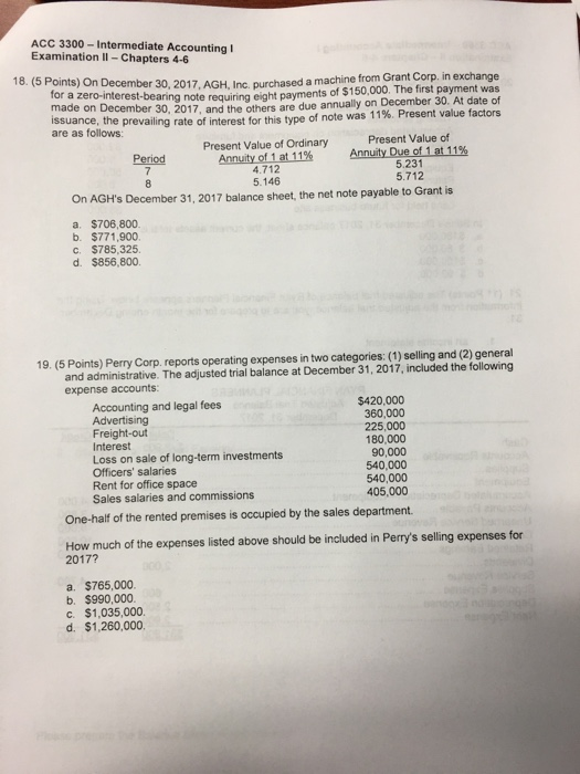 ACC 3300- Intermediate AccountingI Examination II Chapters 4-6 18. (5 Points) On December 30, 2017, AGH, Inc purchased a machine from Grant Corp. in exchange for a zero-interest-beari made on December 30, 2017, and the issuance, the are as follows: ng note requiring eight payments of $150,000. The first payment was others are due annually on December 30. At date of prevailing rate of interest for this type of note was 11% Present value factors Present Value of Present Value of Ordinary AnnuityDueottat11% 5.231 Period Annuityof1a111% A.712 5.712 5.146 On AGHs December 31, 2017 balance sheet, the net note payable to Grant is a. $706,800. b. $771,900 c S785.325. d. $856,800. 19. (5 Points) Perry Corp, reports operating expenses in two categories: (1) selling and (2) general expense accounts: Accounting and legal fees Advertising Freight-out Interest Loss on sale of long-term investments Officers salaries Rent for office space Sales salaries and commissions $420,000 360,000 225,000 180,000 90,000 540,000 540,000 405,000 One-half of the rented premises is occupied by the sales department How much of the expenses listed above should be included in Perrys selling expenses for 2017? a. $765,000. b, S990.000. C. $1,035,000. d. $1,260,000