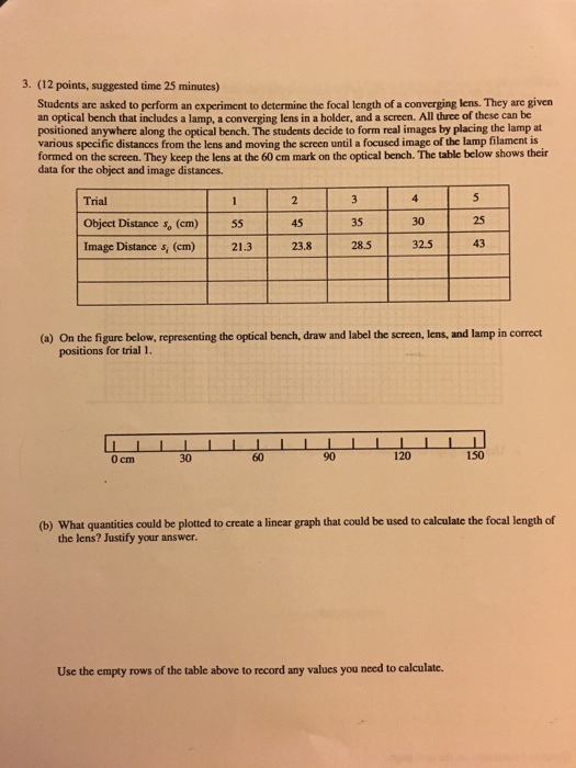 3. (12 points, suggested time 25 minutes) Students are asked to perform an experiment to determine the focal length of a converging lens. They are given an optical bench that includes a lamp, a converging lens in a holder, and a screen. All three of these can be positioned anywhere along the optical bench. The students decide to form real images by placing the lamp at various specific distances from the lens and moving the screen until a focused image of the lamp filament is formed on the screen. They keep the lens at the 60 cm mark on the optical bench. The table below shows their data for the object and image distances. Trial Object Distance s, (cm) 55 Image Distance s (cm) 21.3 45 35 30 25 23.8 28.5 32.5 (a) On the figure below, representing the optical bench, draw and label the screen, lens, and lamp in correet positions for trial 1. 0 cm 30 90 120 150 (b) What quantities could be plotted to create a linear graph that could be used to calculate the focal length of the lens? Justify your answer. Use the empty rows of the table above to record any values you need to calculate