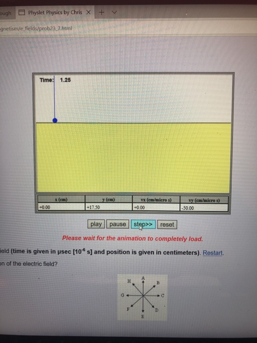 ughPhyslet Physics by ChrisX+Y gnetism/e fields/prob23.7.html Time: 1.25 y (em) +0.00 +17.50 +0.00 50.00 play pause step> reset Please wait for the animation to completely load. ield (time is given in μsec [10° s] and position is given in centimeters). Restart. on of the electric field? A.